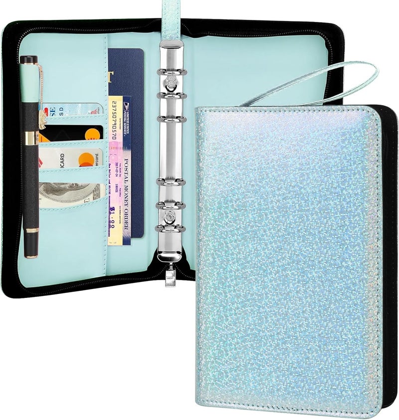 Toplive A6 Budget Binder with Zipper, 6 Ring Refillable Planner Binder Cover for A6 Cash Budget System, PU Leather Personal Organizer Personal Wallet, Glitter Blue - Image 1